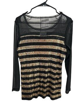 Lynn Ritchie Silver Medium Black Gold Sequin Mesh Sleeve Striped Top Nightcore